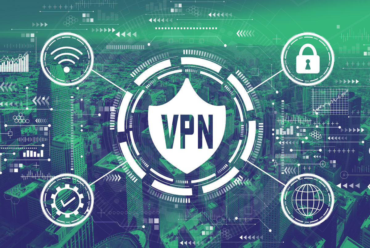 "Logo VPN dengan latar belakang sirkuit digital hijau, melambangkan aplikasi VPN aman untuk perlindungan data online."