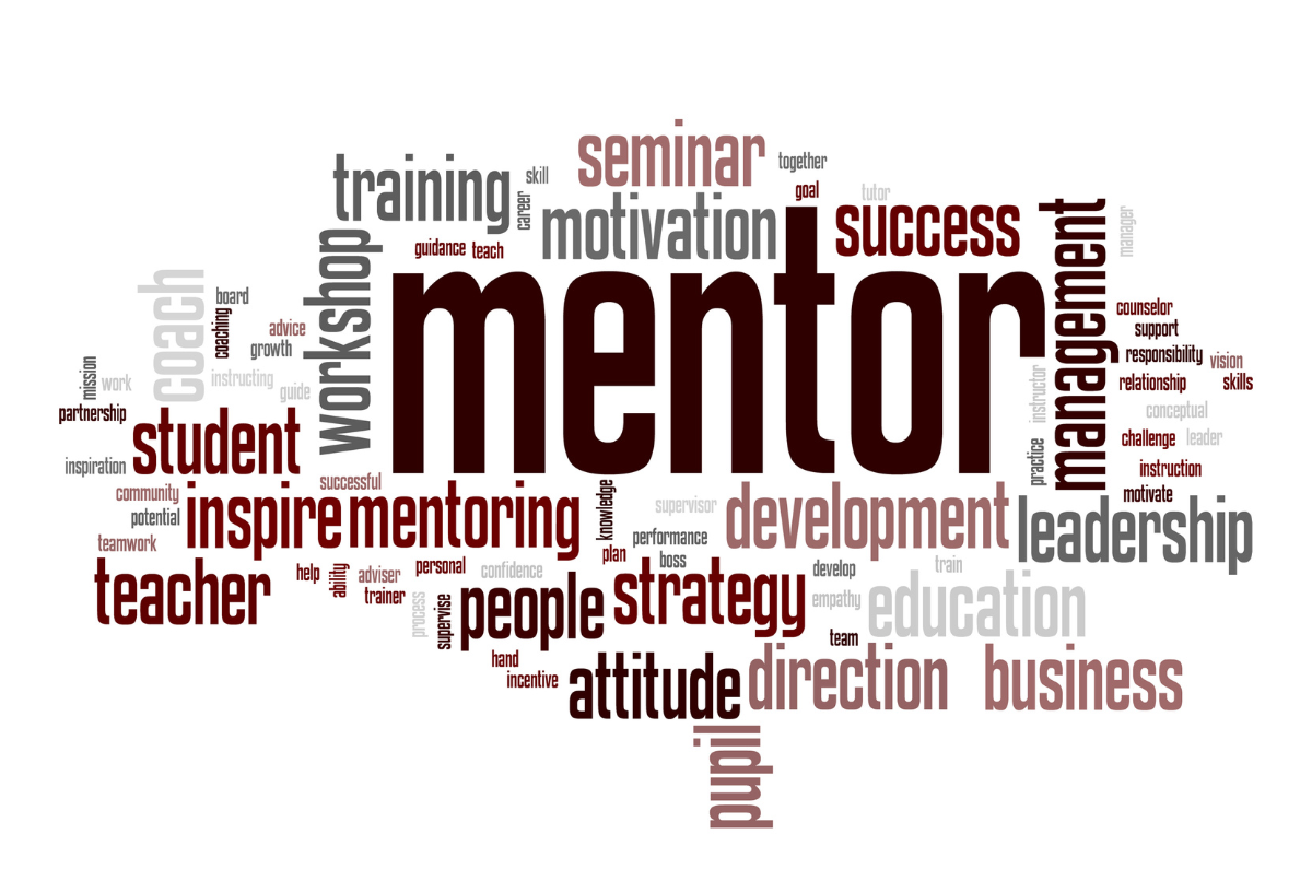 Kumpulan kata 'Mentor' dikelilingi kata kunci seperti 'leader', 'support', dan 'guidance', melambangkan peran mentor pendidikan terbaik.