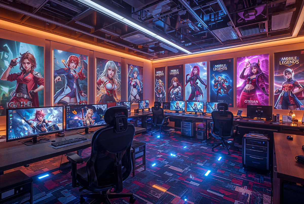 Tim pengembang Moonton di studio game futuristik dengan poster hero Mobile Legend dan suasana esports kompetitif.