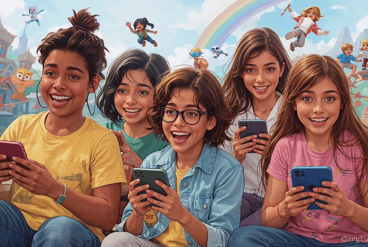 Sekelompok lima teman muda beragam sedang bermain game Roblox bersama di perangkat mereka masing-masing sambil tertawa gembira.