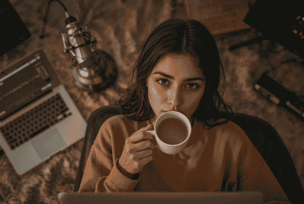 vlogger muda sedang mengedit audio vlog di laptop dengan suasana santai