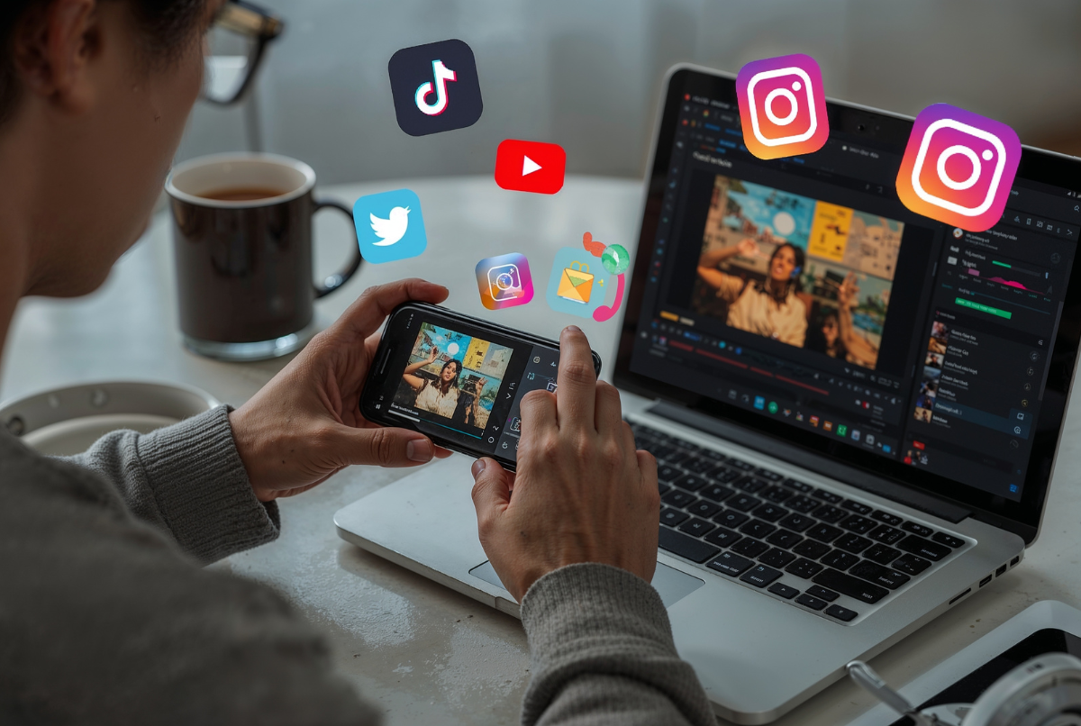 Kreator konten sedang mengedit video di laptop dan ponsel dengan ikon aplikasi seperti TikTok, Instagram, dan YouTube di layar