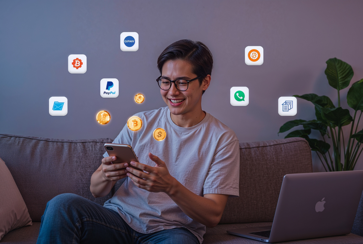 pria muda menggunakan aplikasi penghasil uang di smartphone sambil duduk santai di sofa