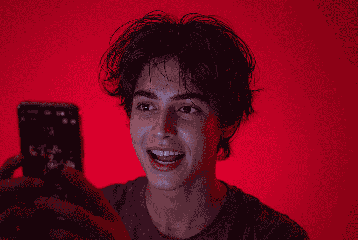 Remaja sedang mengedit foto dengan latar merah di HP Android