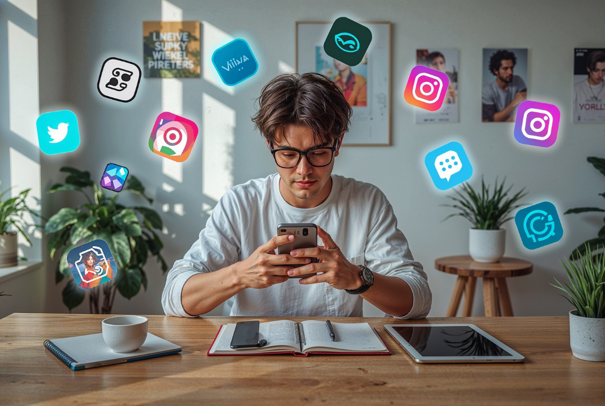 Seorang editor duduk di depan laptop dengan tampilan efek visual digital, menggambarkan proses editing foto kreatif di era teknologi.