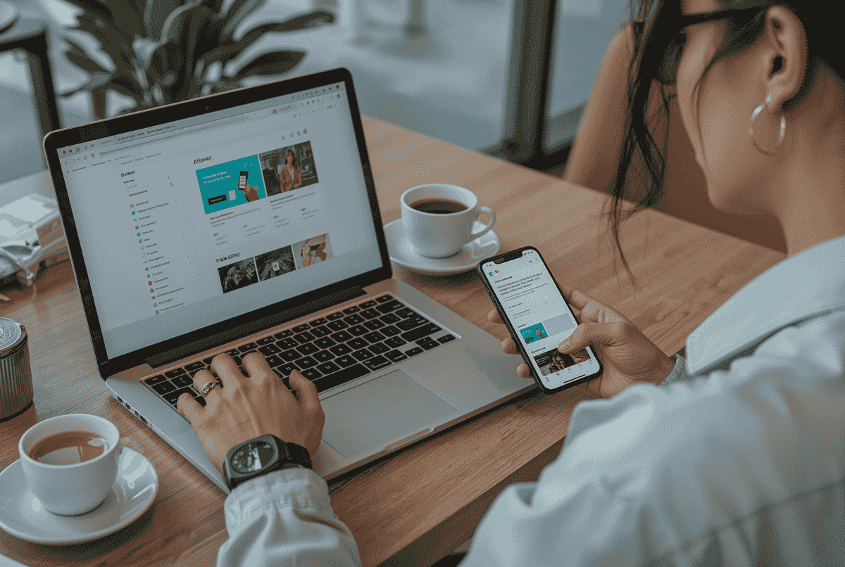 Orang sedang mengedit file PDF dari laptop dan ponsel di kafe dengan suasana santai dan profesional.