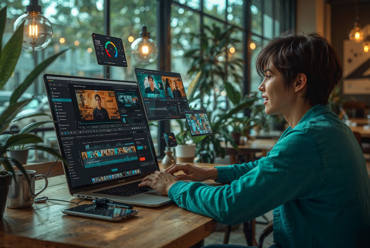 Editing video online di laptop—kreator fokus menyusun timeline di aplikasi browser