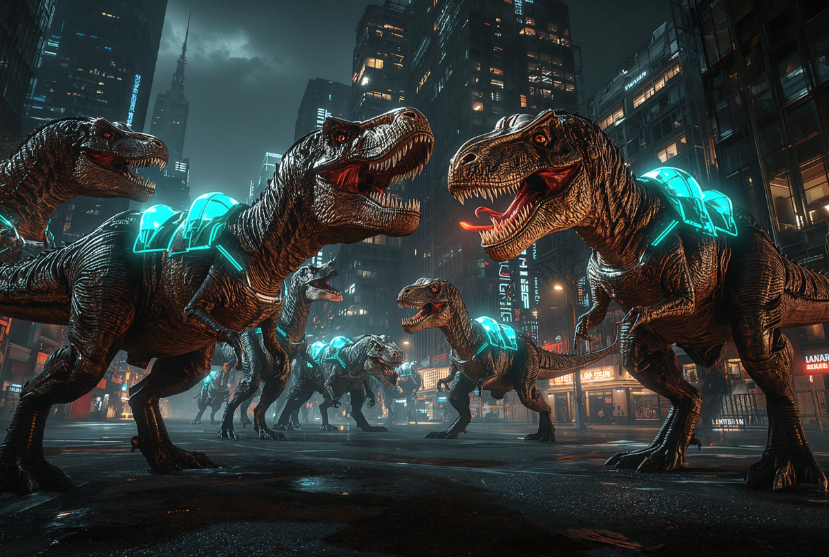 Pertarungan dinosaurus futuristik dengan senjata sci-fi di arena cyberpunk.