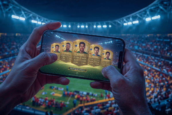 Stadion futuristik penuh lampu neon menampilkan layar game FIFA Mobile di smartphone