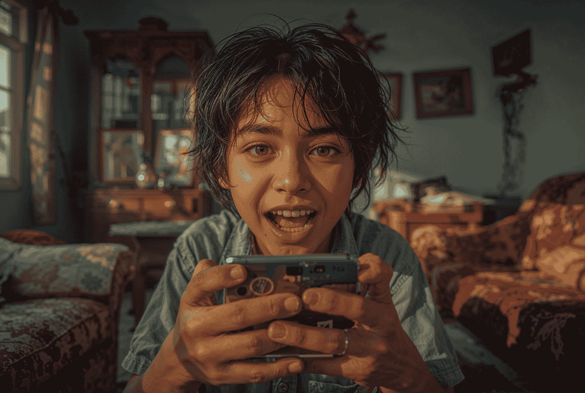 Remaja Indonesia sedang bermain game IO di HP kentang dengan ekspresi seru dan fokus.
