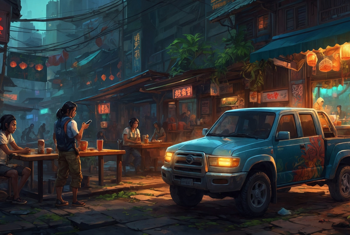 Ilustrasi suasana kota malam dengan elemen visual game mobile Indonesia yang futuristik dan penuh warna, menampilkan nuansa semangat kreatif developer lokal.