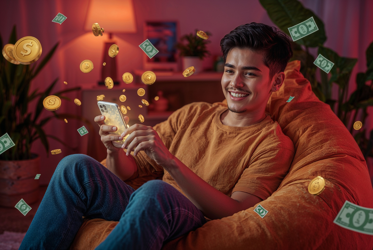 Ilustrasi pemain mobile game penghasil uang dengan latar visual penuh semangat dan warna cerah