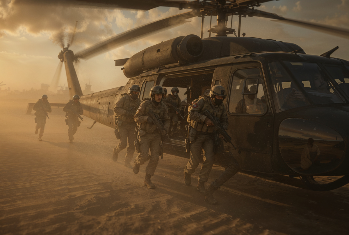 Ilustrasi operator Delta Force Mobile keluar dari helikopter saat fajar ― jawaban visual atas “kapan game Delta Force Mobile rilis”