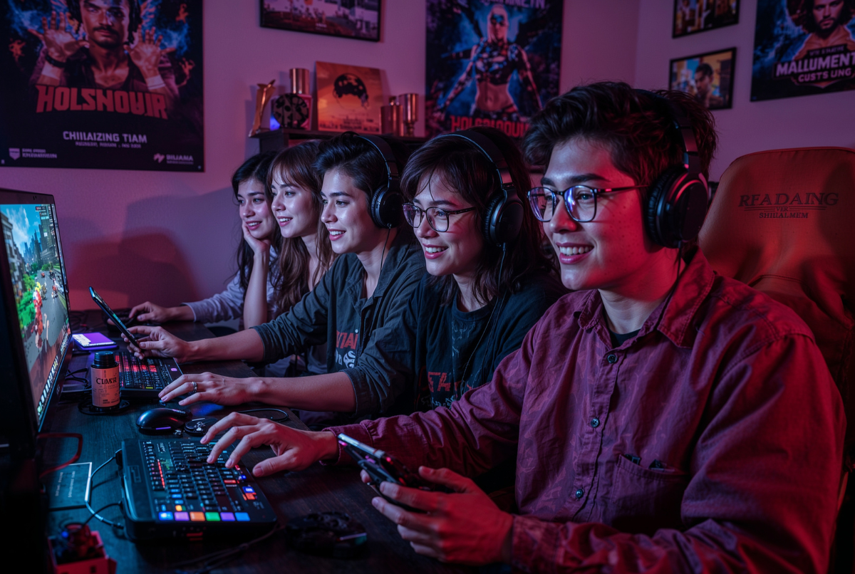 Gamer bermain game multiplayer online bersama teman di ruangan gaming