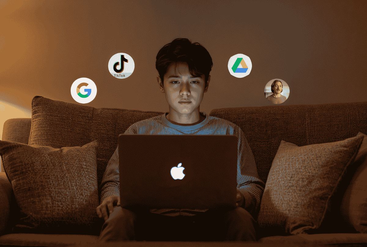 Orang duduk santai di sofa dengan HP dan laptop, menampilkan ikon aplikasi penghasil uang populer