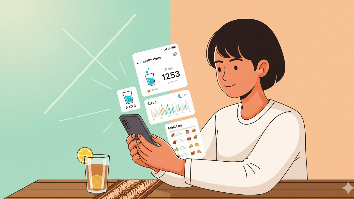 Ilustrasi orang Indonesia menggunakan aplikasi kesehatan di smartphone untuk menjaga pola hidup sehat