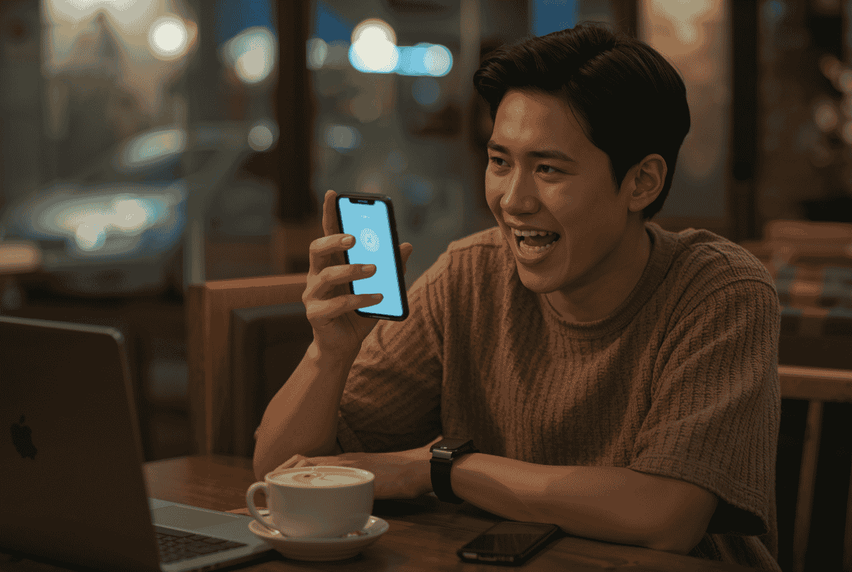 Pengguna Indonesia tersenyum melihat notifikasi saldo masuk dari aplikasi Dana di smartphone