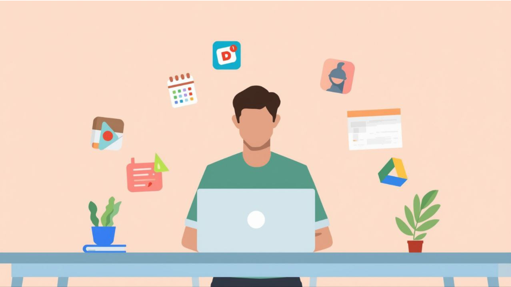 Profesional muda bekerja dengan laptop dikelilingi ikon aplikasi produktivitas