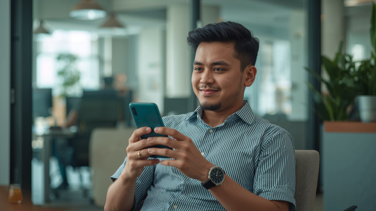 Pekerja sedang klaim BPJS Ketenagakerjaan melalui aplikasi JMO di smartphone.