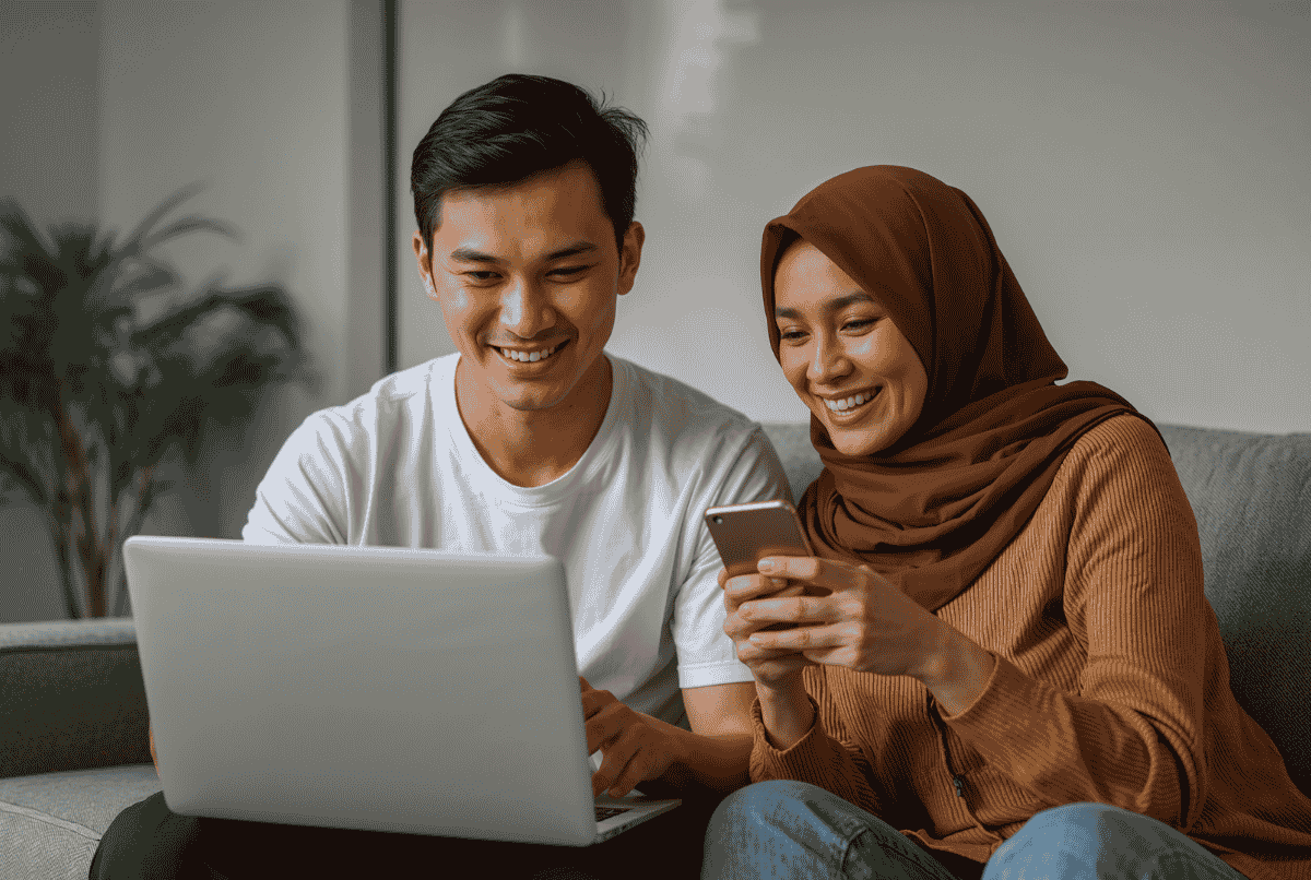 Pria dan wanita Indonesia mendaftar BPJS Kesehatan secara online di rumah