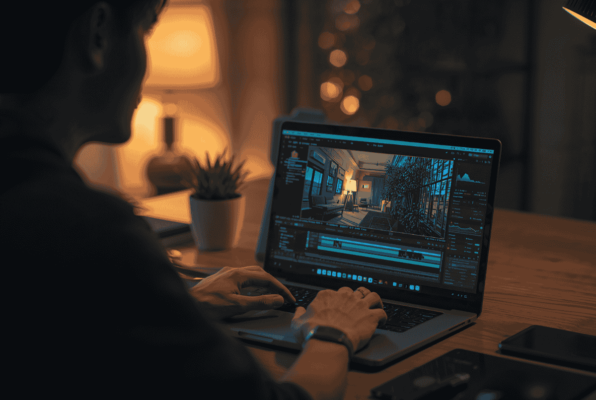 Desainer muda mengedit foto dengan AI di laptop modern, suasana hangat.