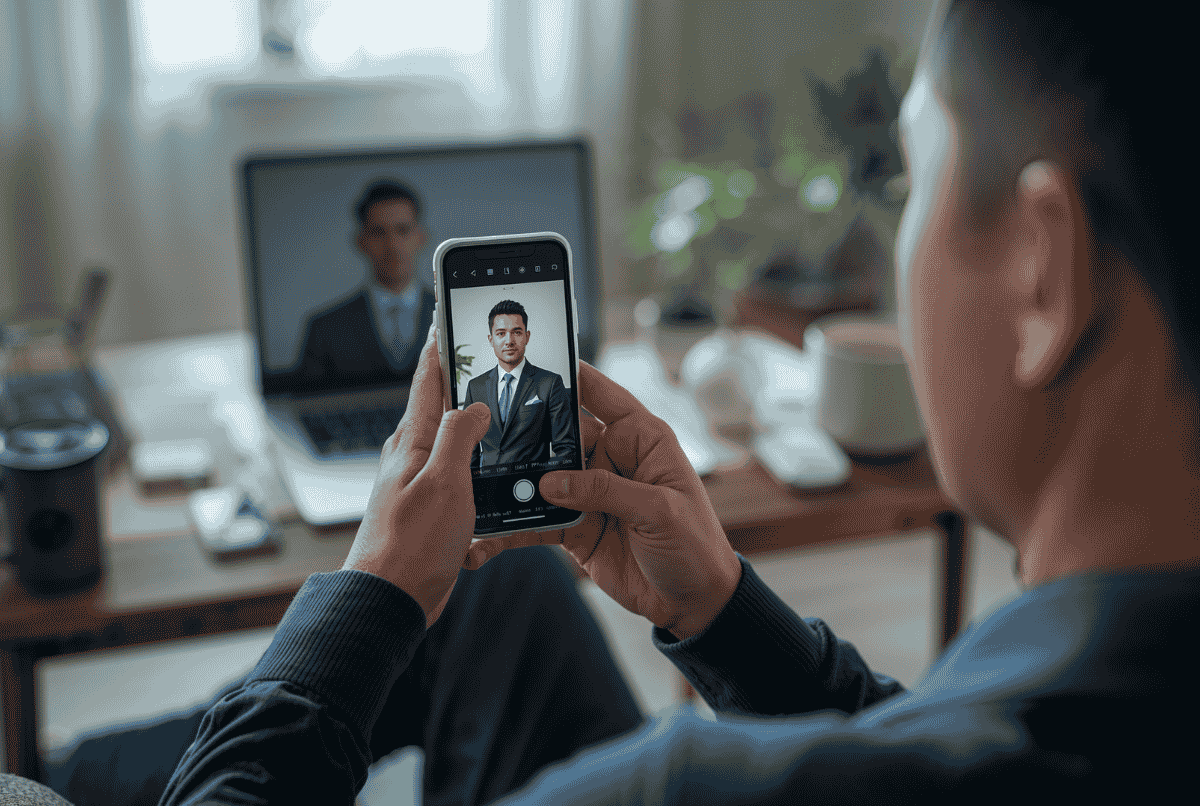 Pria Indonesia sedang mengedit foto di HP untuk menambahkan jas formal