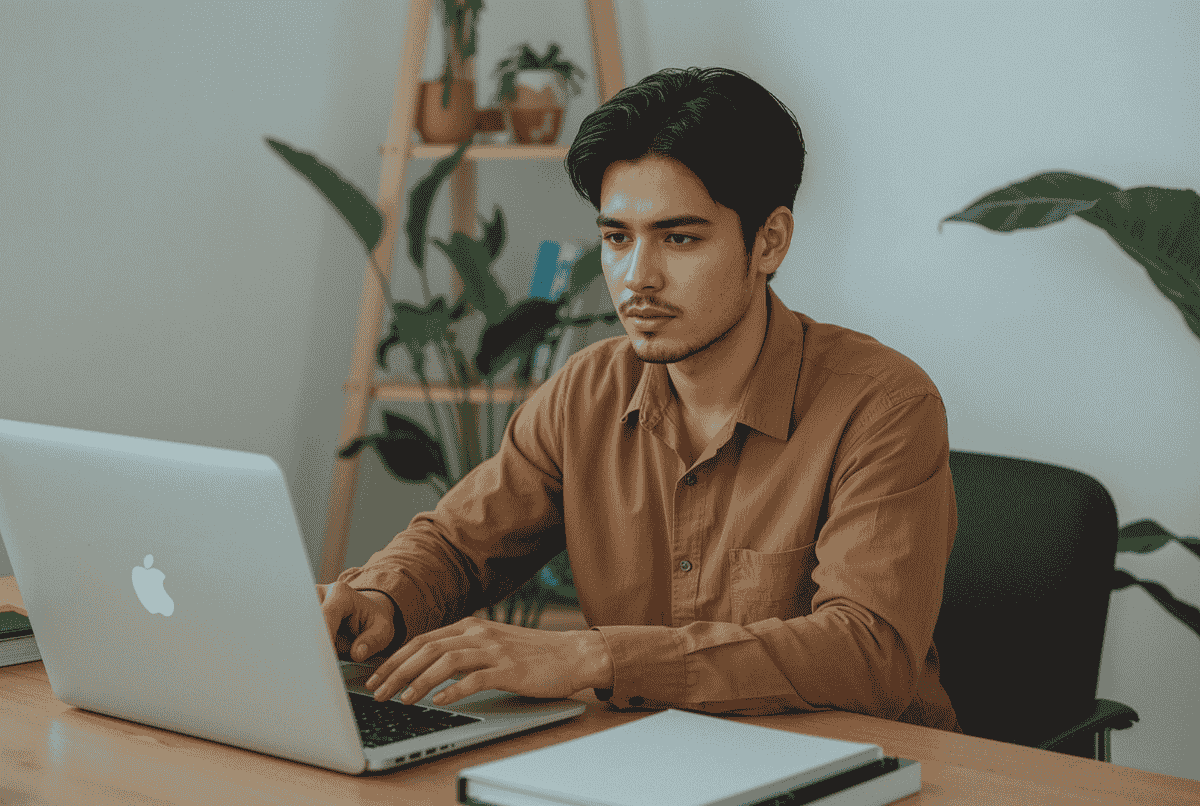 Pria sedang mengedit pas foto online di laptop menggunakan fitur background remover