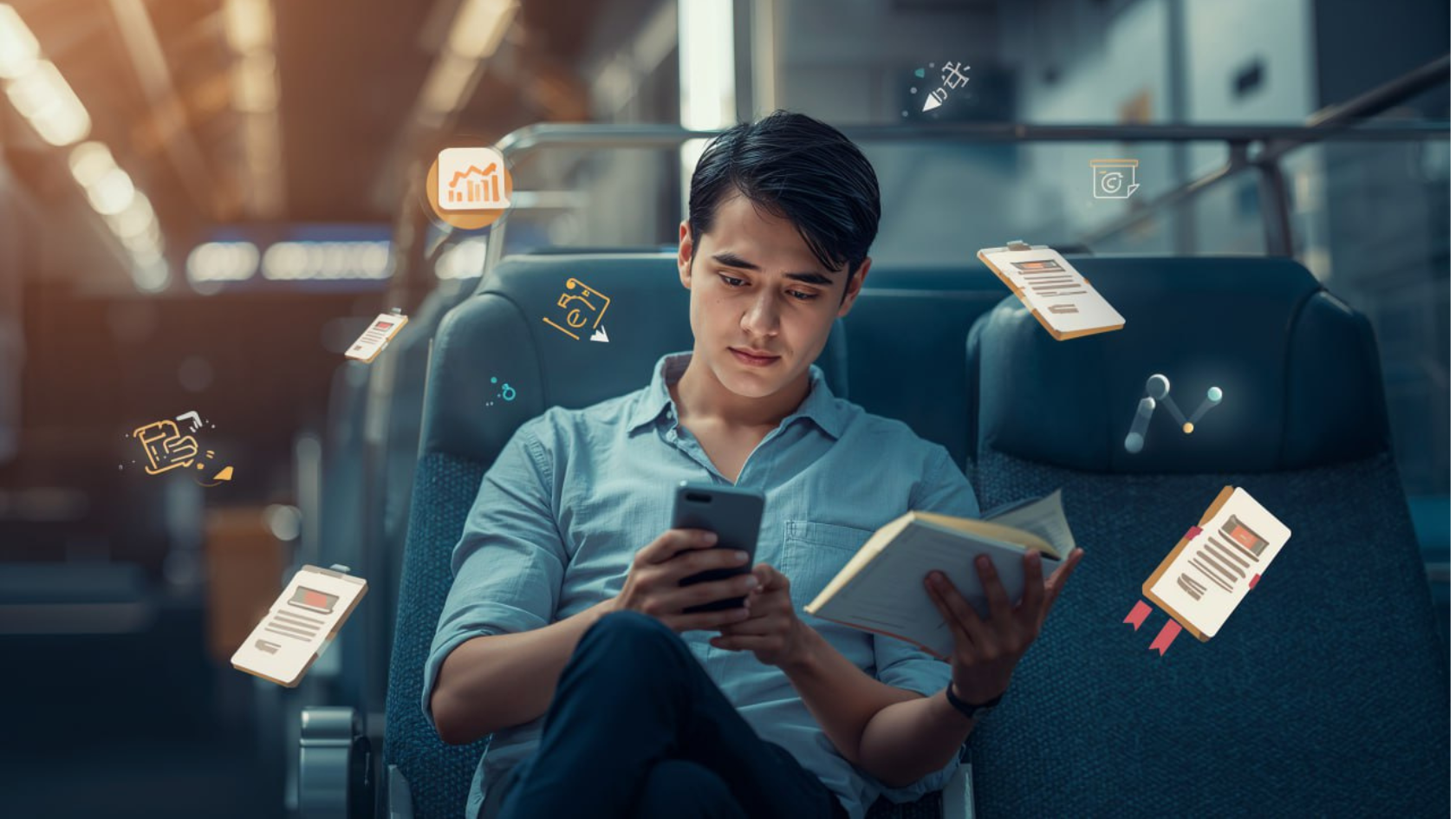 Seorang profesional muda belajar melalui smartphone dengan ikon digital mengambang di sekitarnya.