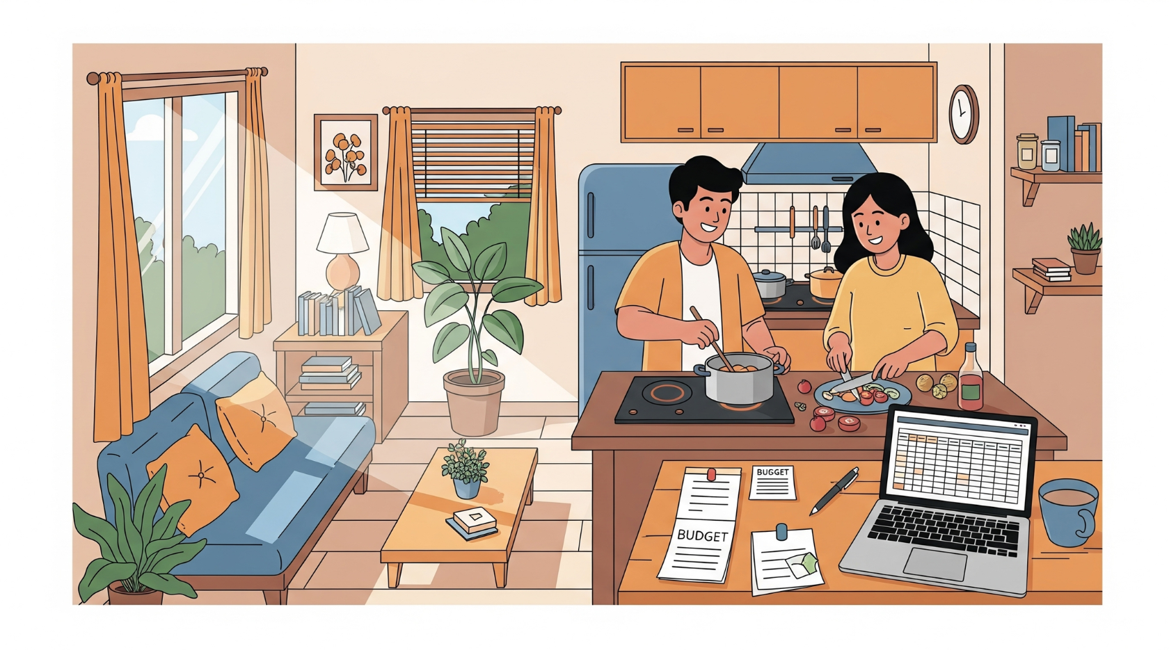 pasangan muda Indonesia memasak sederhana dan mengatur anggaran rumah tangga