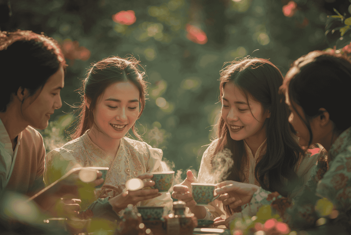 Keluarga Tionghoa sedang minum teh hijau bersama di taman, simbol gaya hidup sehat dan harmonis