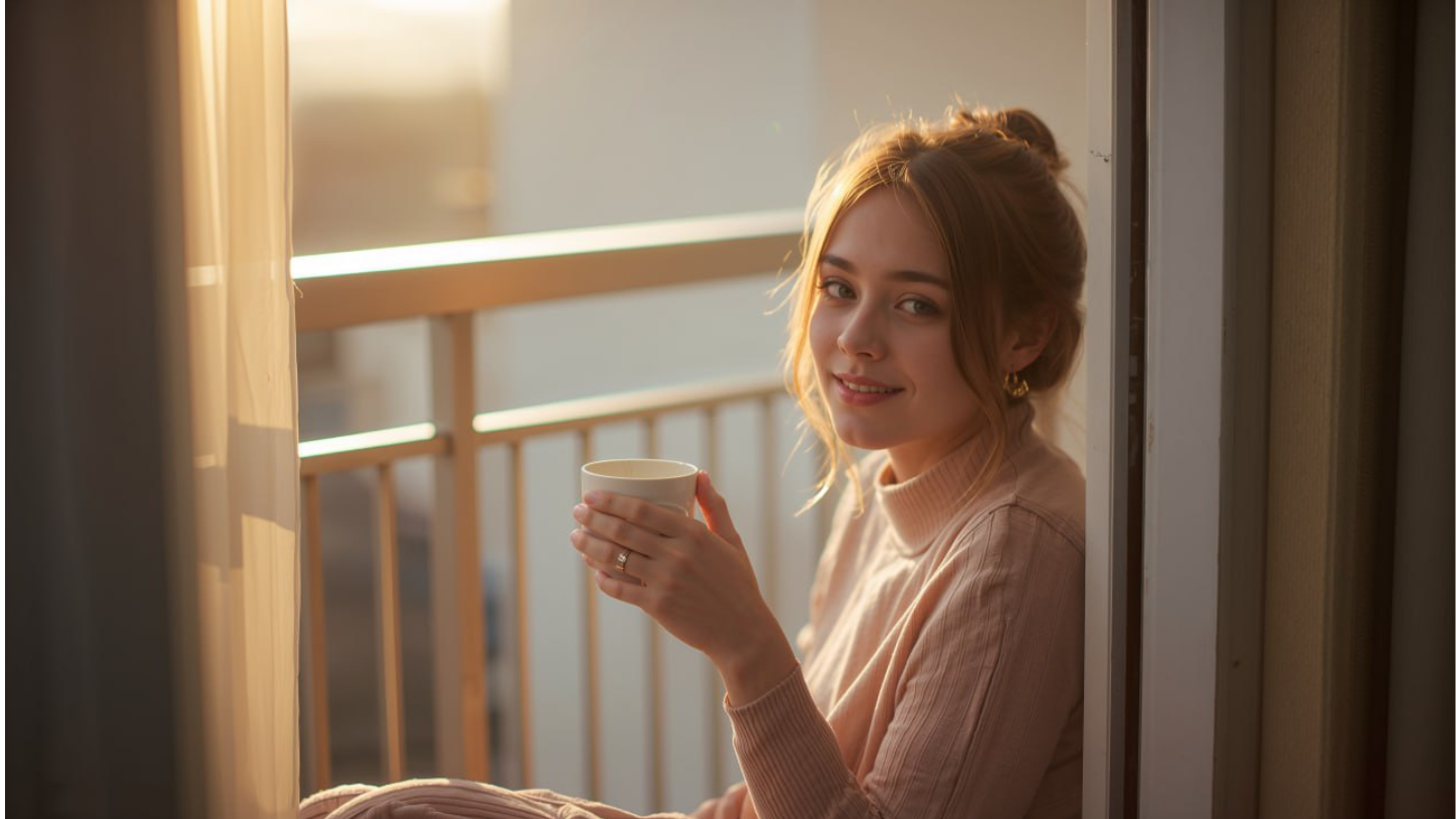 Perempuan tersenyum menikmati kopi pagi di balkon.