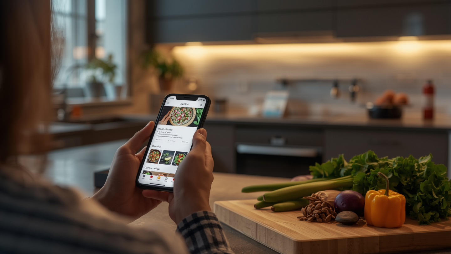 Orang menggunakan aplikasi resep masakan di dapur modern dengan bahan segar.