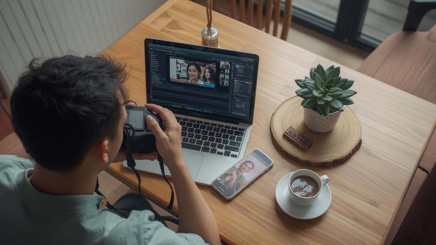 Fotografer mengedit foto di laptop sederhana dengan smartphone dan secangkir kopi.