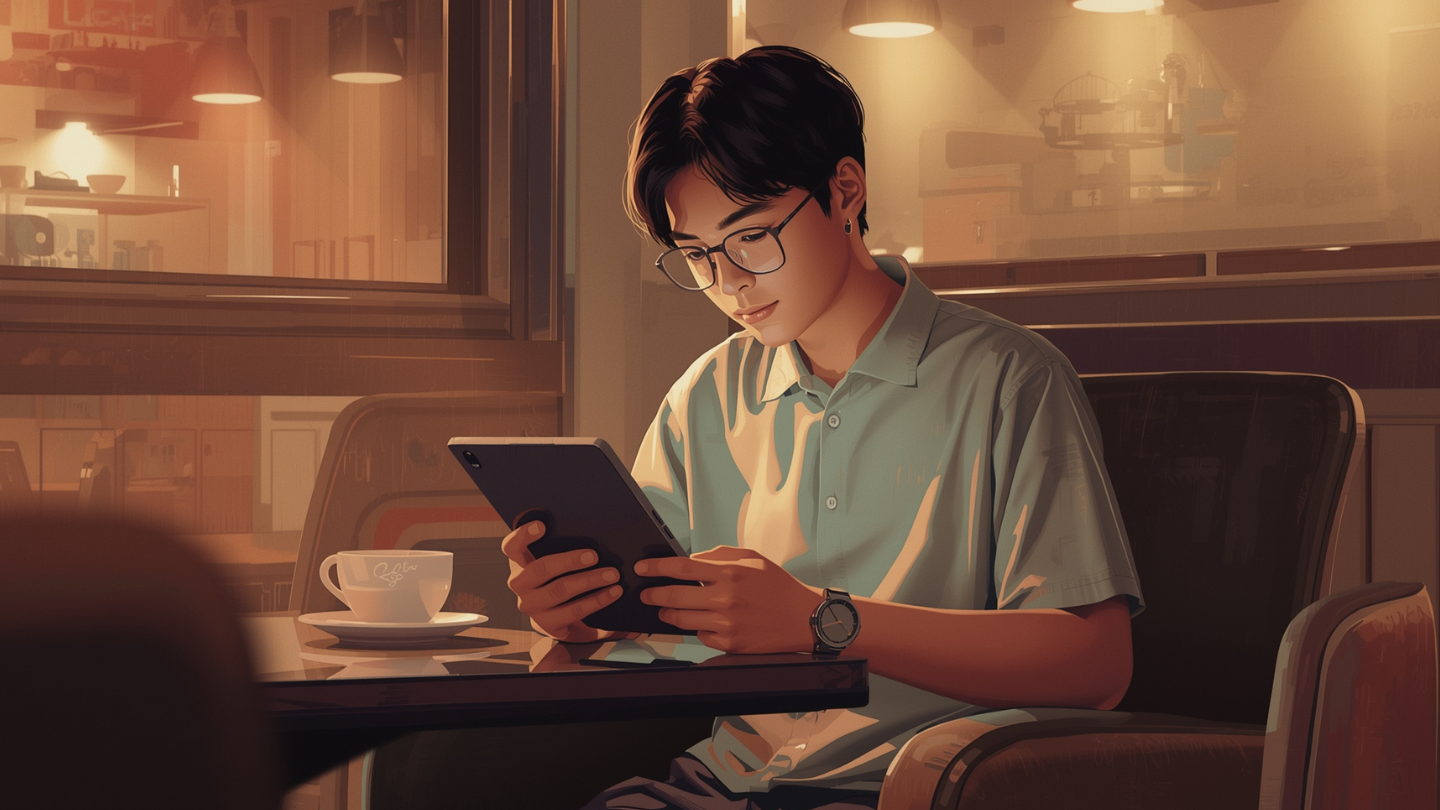 Anak muda Indonesia membaca e-book di tablet sambil duduk di kafe.
