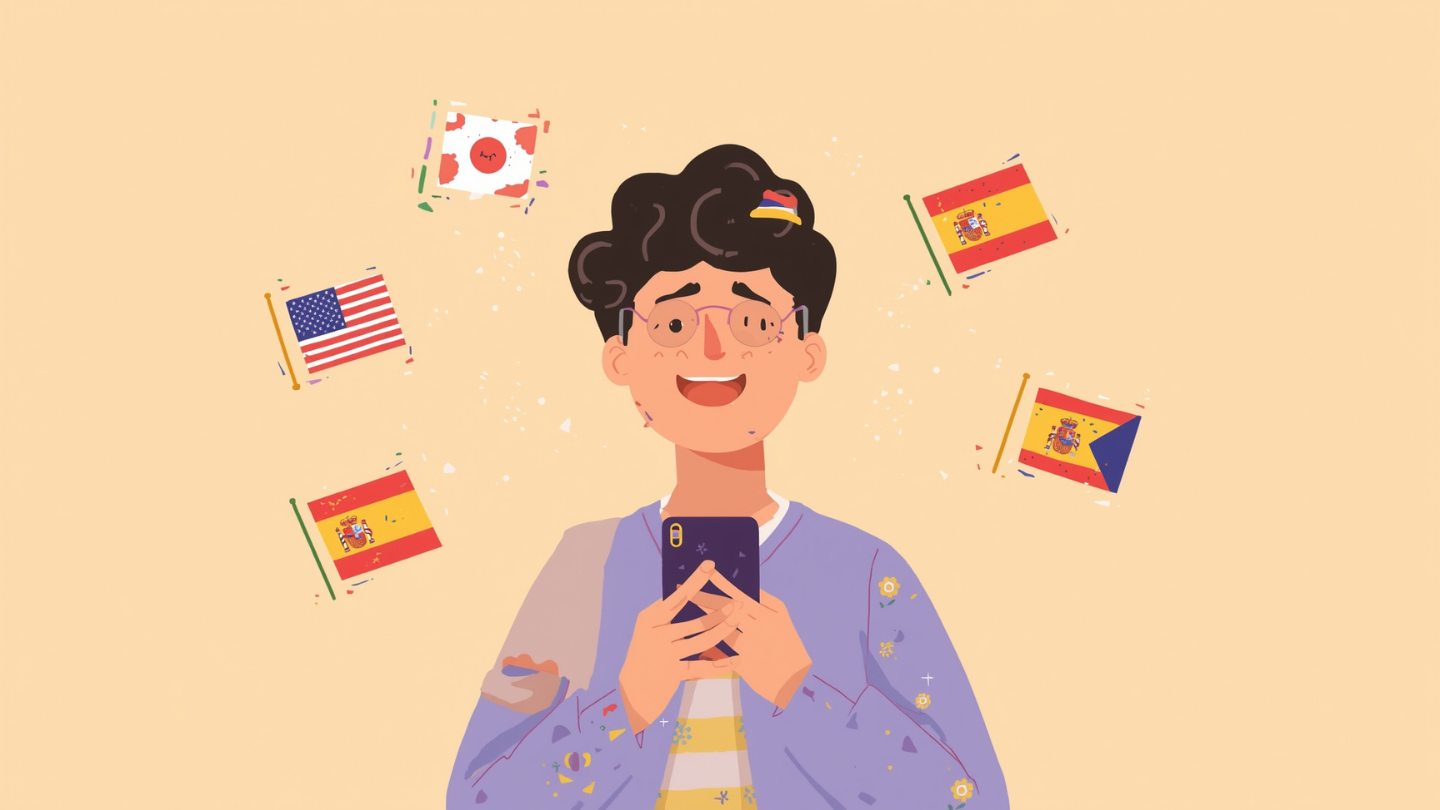 Ilustrasi orang belajar bahasa asing lewat aplikasi di smartphone dengan ikon bendera dunia.