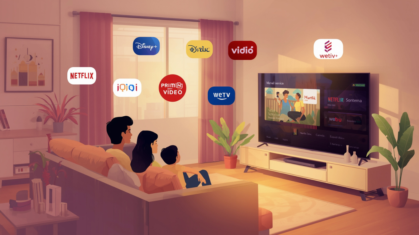 Ilustrasi keluarga Indonesia menonton aplikasi streaming di smart TV