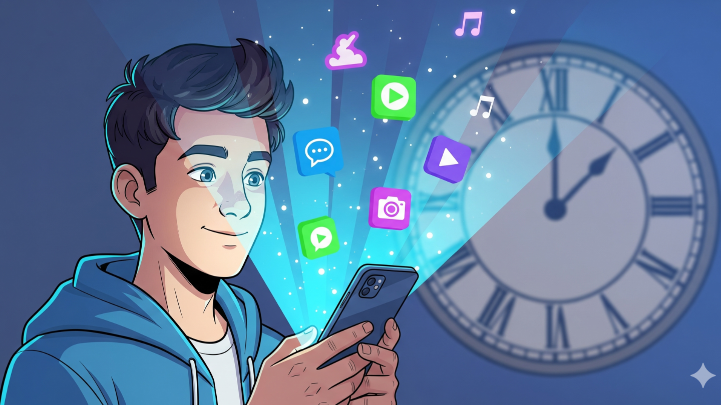 Ilustrasi semi-kartun seorang pria memegang smartphone dengan cahaya hologram aplikasi di depan jam besar, simbol efisiensi waktu.