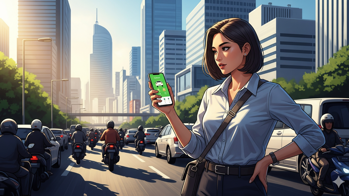 Ilustrasi pekerja muda memesan ojek online melalui aplikasi transportasi di kota besar.