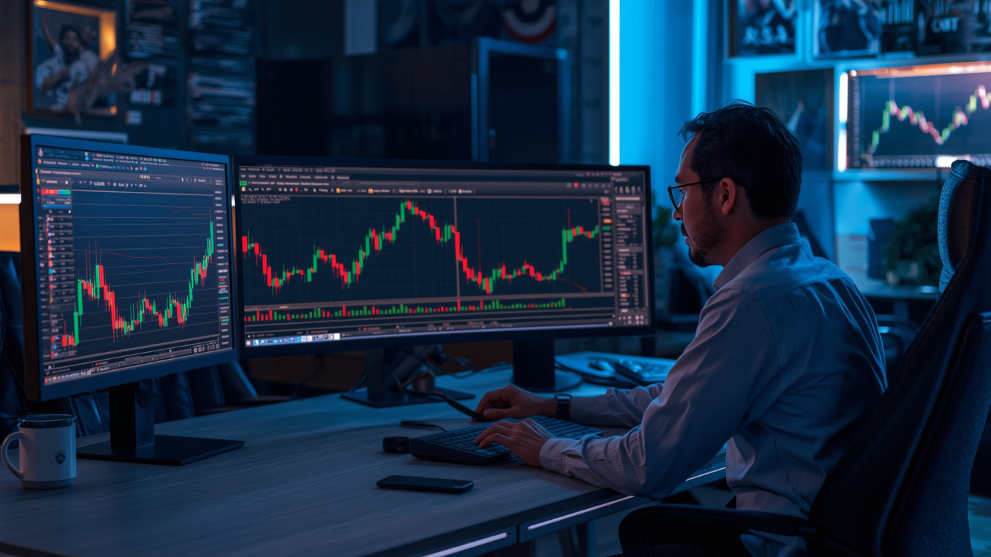 Investor kaya menganalisis grafik Bitcoin di kantor modern