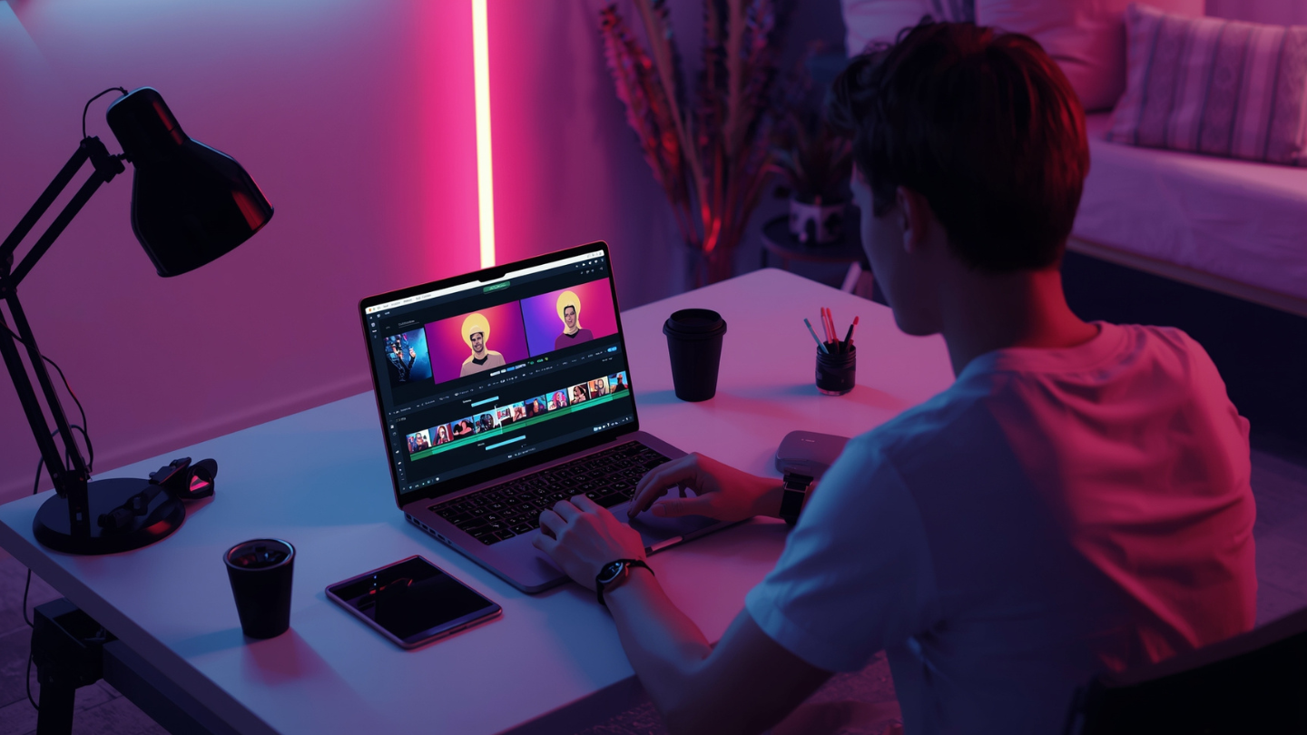 Kreator muda sedang mengedit Reels IG di laptop dengan suasana workspace kreatif.