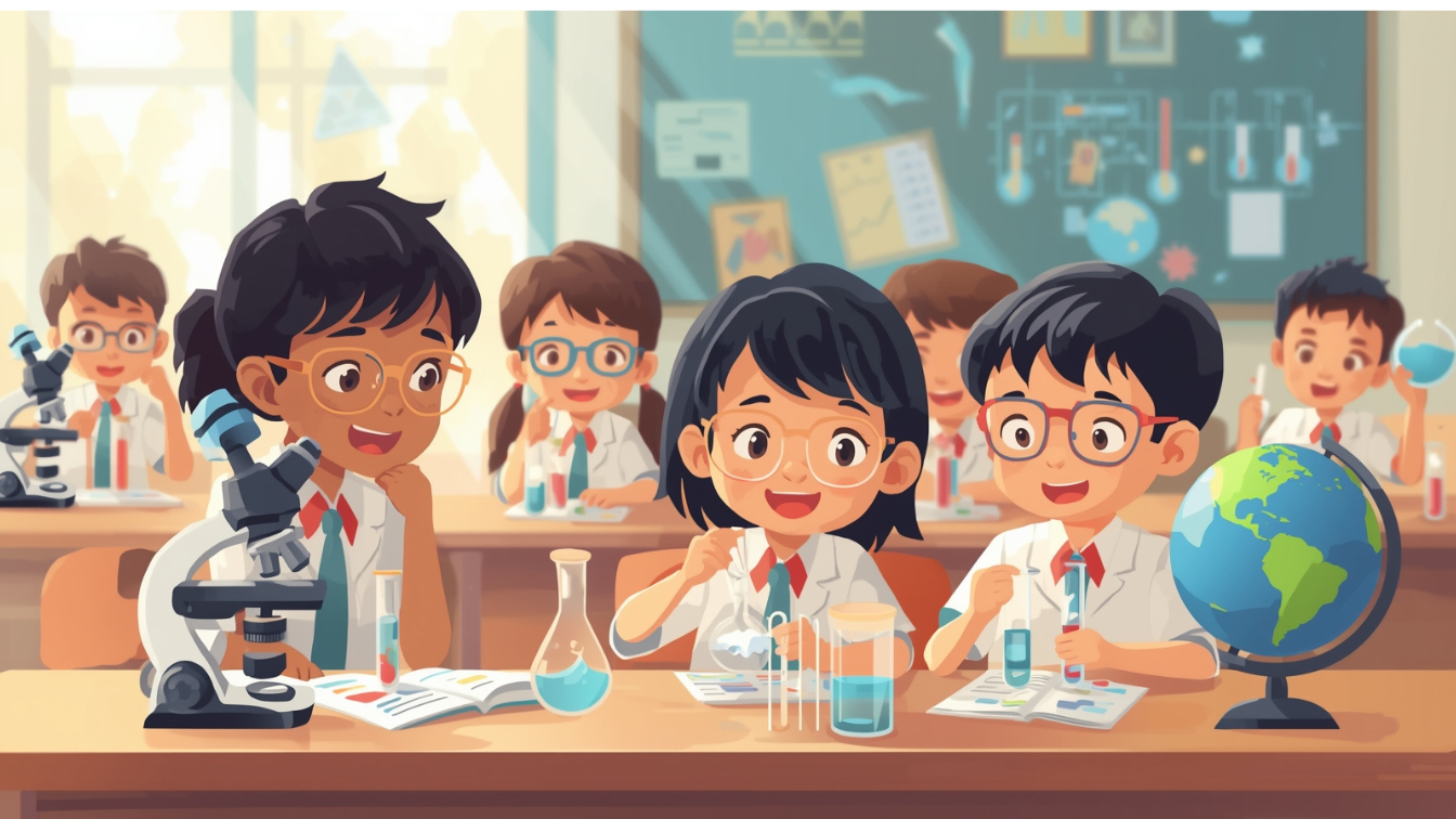 Anak-anak sekolah Indonesia melakukan eksperimen sains sederhana di laboratorium.
