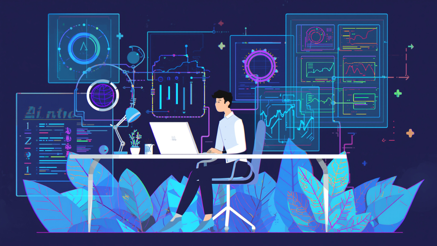 Anak muda belajar teknologi dengan laptop dan hologram data futuristik.