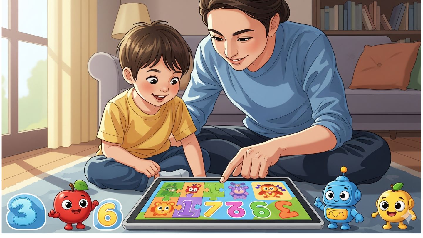 Anak dan orangtua bermain game edukasi di tablet dengan suasana hangat.