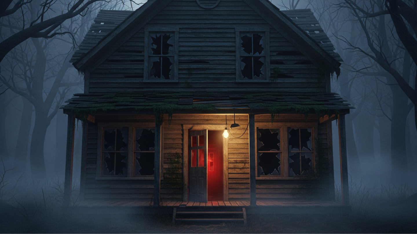 Rumah tua berkabut di malam hari dengan cahaya menyeramkan.