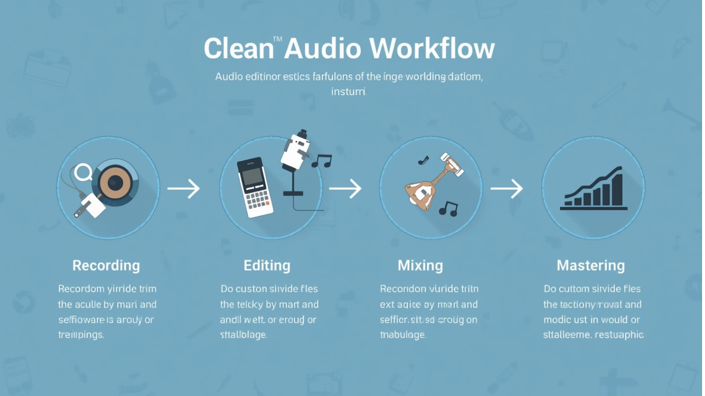 Infografis alur kerja editing suara: Recording, Editing, Mixing, Mastering.