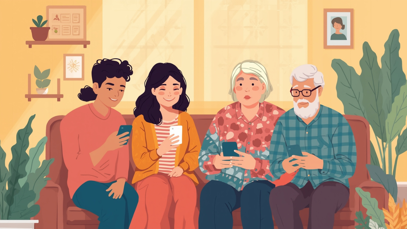 Ilustrasi orang Indonesia berbagai usia sedang menggunakan aplikasi chatting di smartphone
