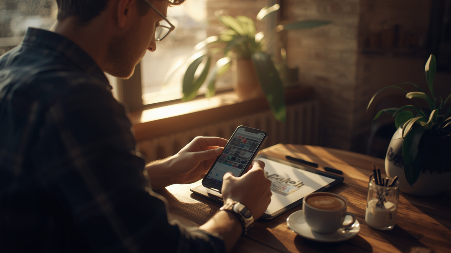 Desainer profesional sedang membuat desain di aplikasi mobile di kafe dengan suasana hangat dan kreatif.