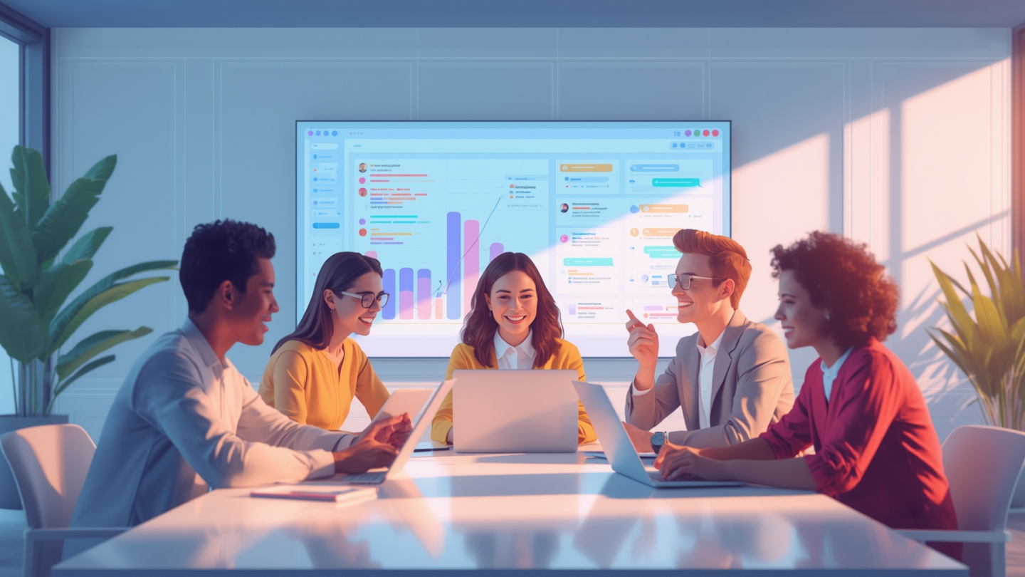 Tim profesional berkolaborasi menggunakan aplikasi kerja digital di ruang kantor modern.