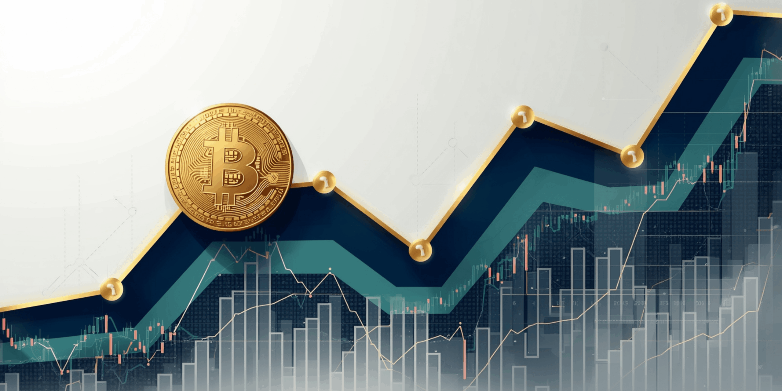Ilustrasi tren naik turun grafik Bitcoin membentuk simbol BTC emas