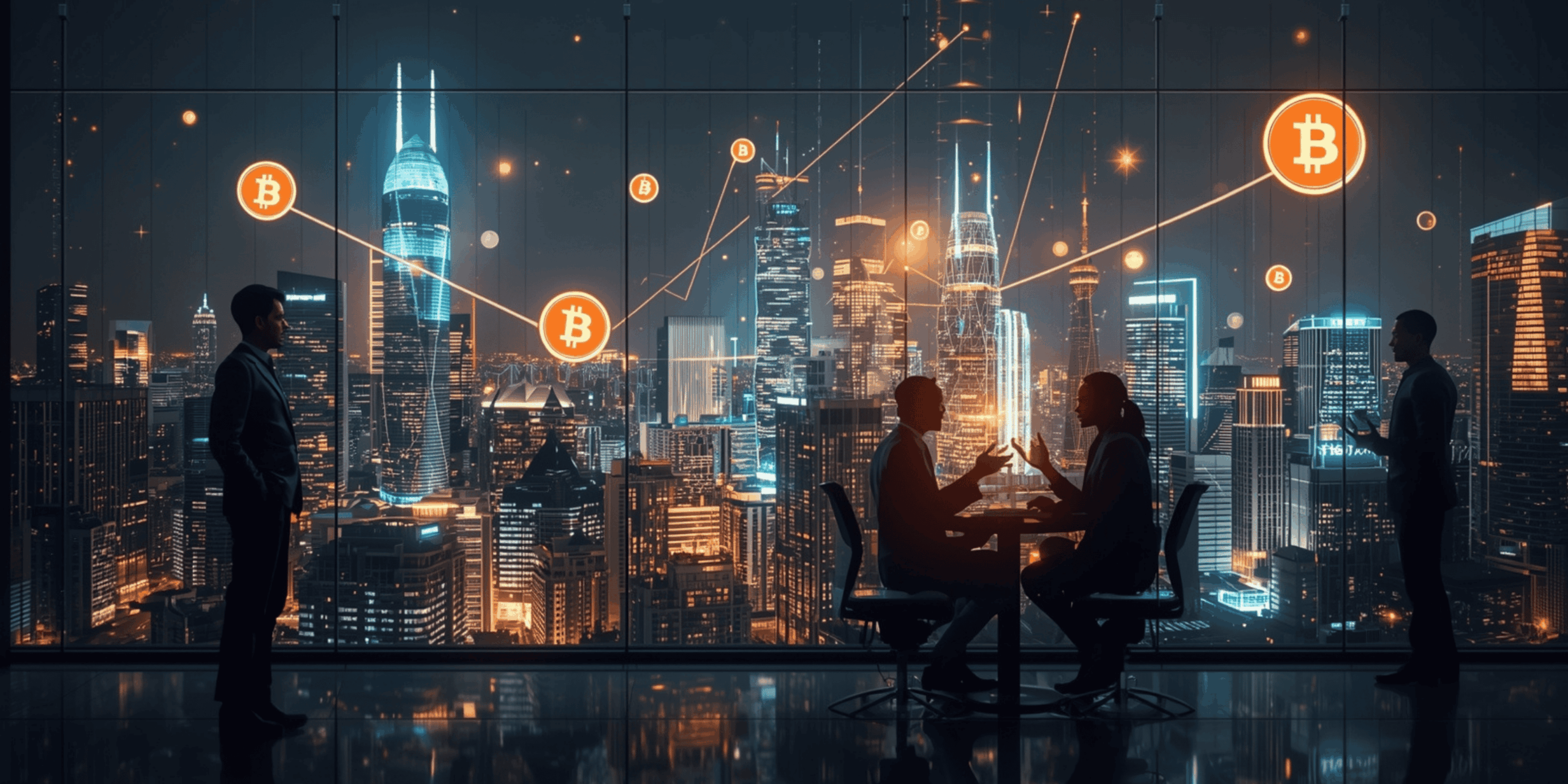 Ilustrasi futuristik kota keuangan digital dengan jaringan blockchain bercahaya dan profesional global berdiskusi tentang teknologi keuangan modern.